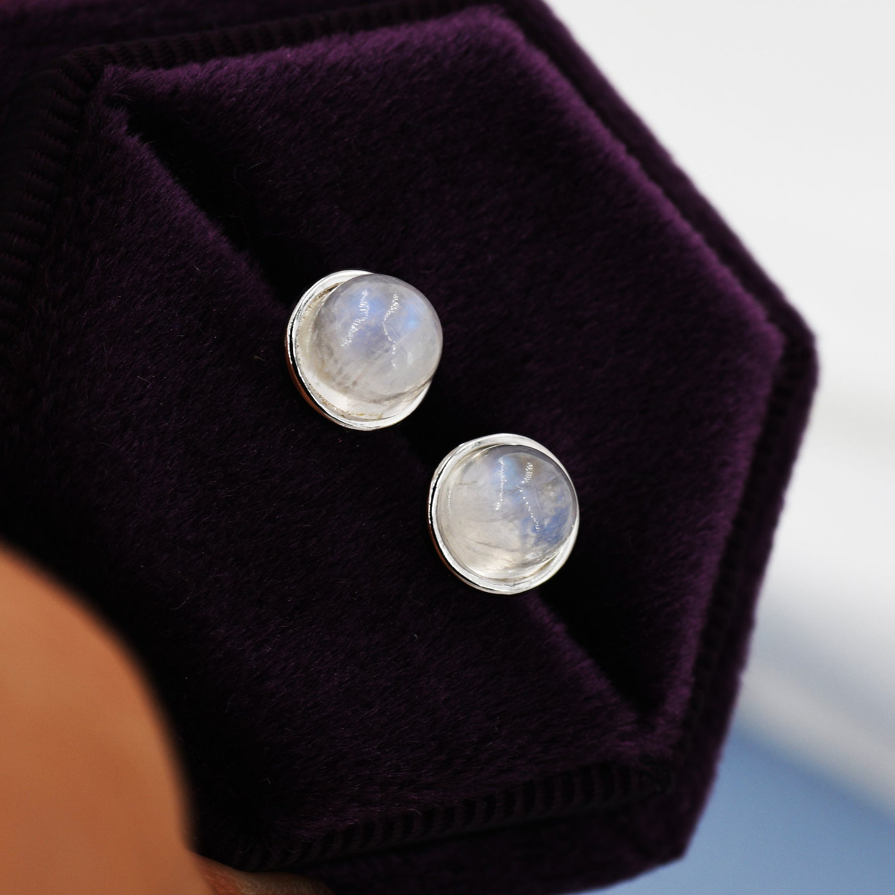 Moonstone Stud Earrings in Sterling Silver, Semi-Precious Gemstone Earrings, Natural Moonstone Earrings