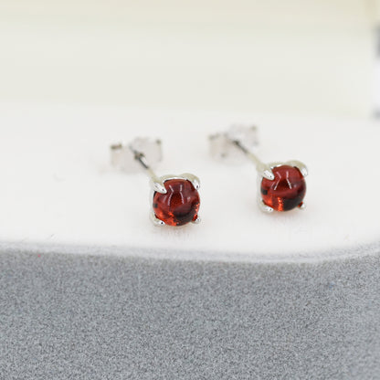 Natural Garnet Stud Earrings in Sterling Silver, Semi-Precious Gemstone Earrings, 4mm, 4 prong Genuine Garnet Earrings, January Birthstone