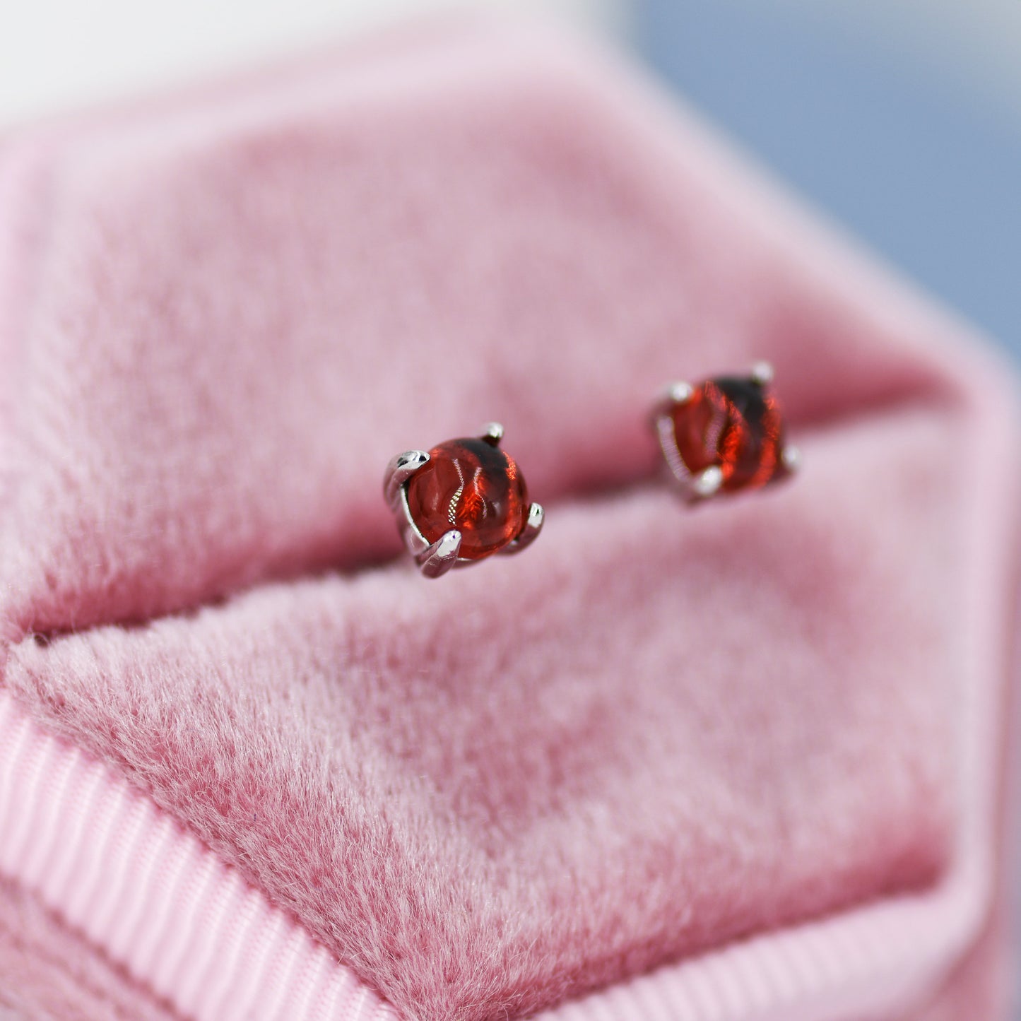 Natural Garnet Stud Earrings in Sterling Silver, Semi-Precious Gemstone Earrings, 4mm, 4 prong Genuine Garnet Earrings, January Birthstone