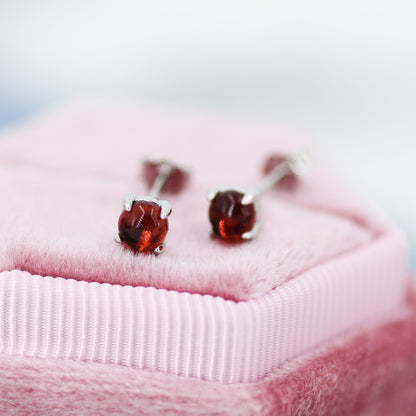 Natural Garnet Stud Earrings in Sterling Silver, Semi-Precious Gemstone Earrings, 4mm, 4 prong Genuine Garnet Earrings, January Birthstone