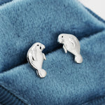 Manatee Stud Earrings in Sterling Silver, Nature Inspired Animal Earrings