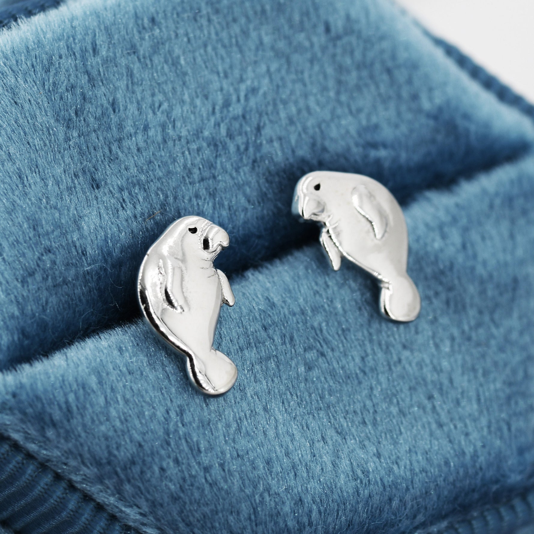 Manatee Stud Earrings in Sterling Silver, Nature Inspired Animal Earrings