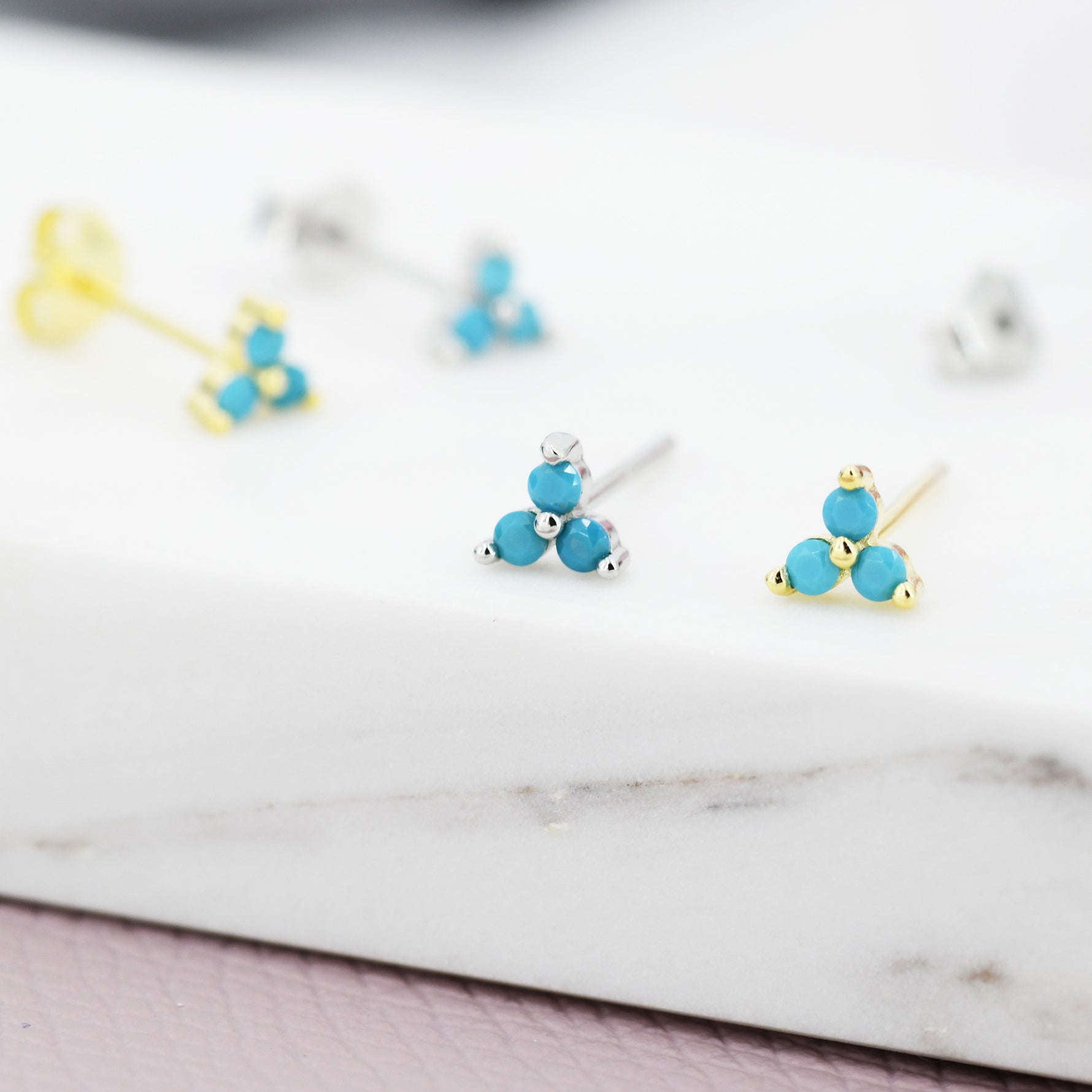 Turquoise Trinity Stud Earrings in Sterling Silver, Silver or Gold, Three Dot Stacking Earrings