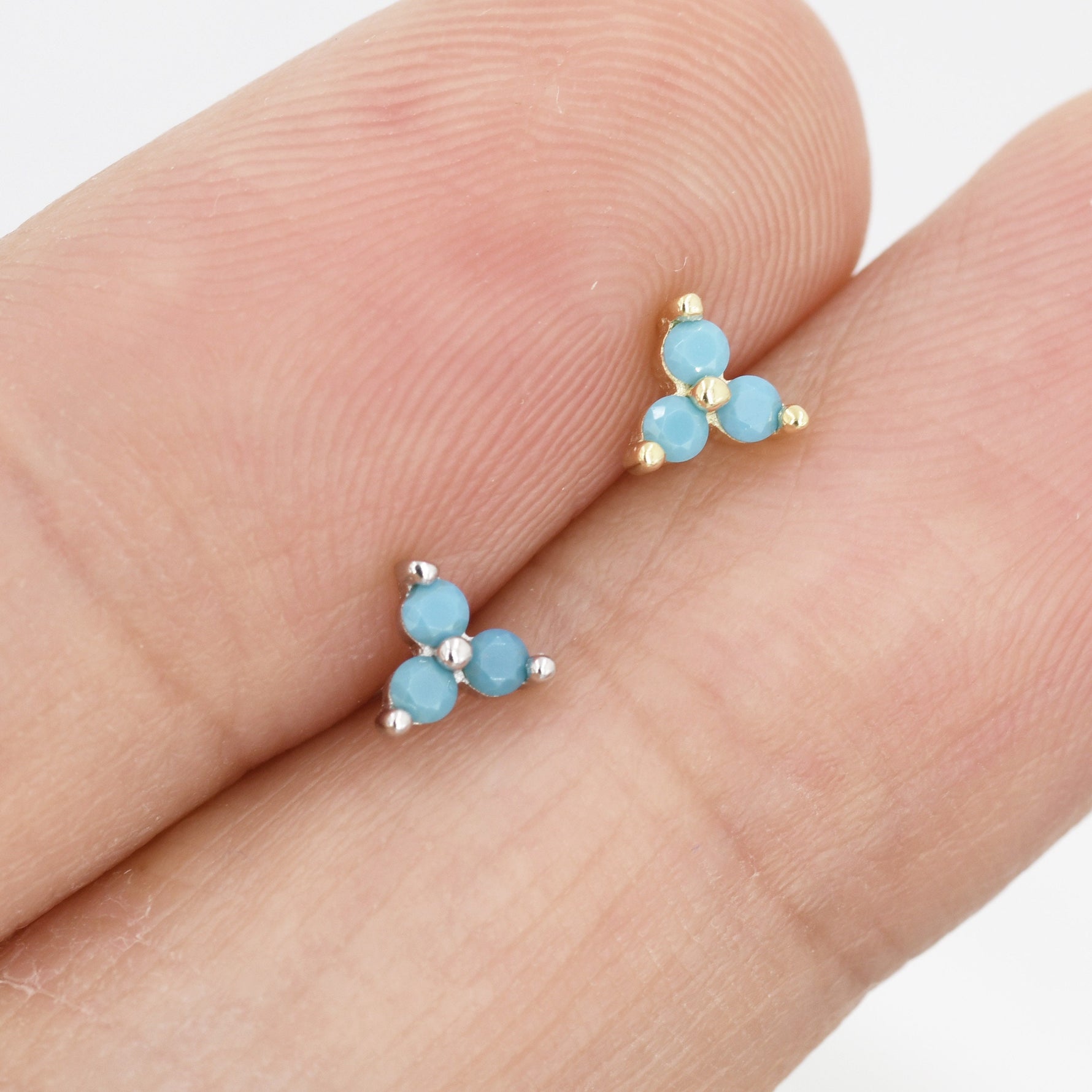 Turquoise Trinity Stud Earrings in Sterling Silver, Silver or Gold, Three Dot Stacking Earrings