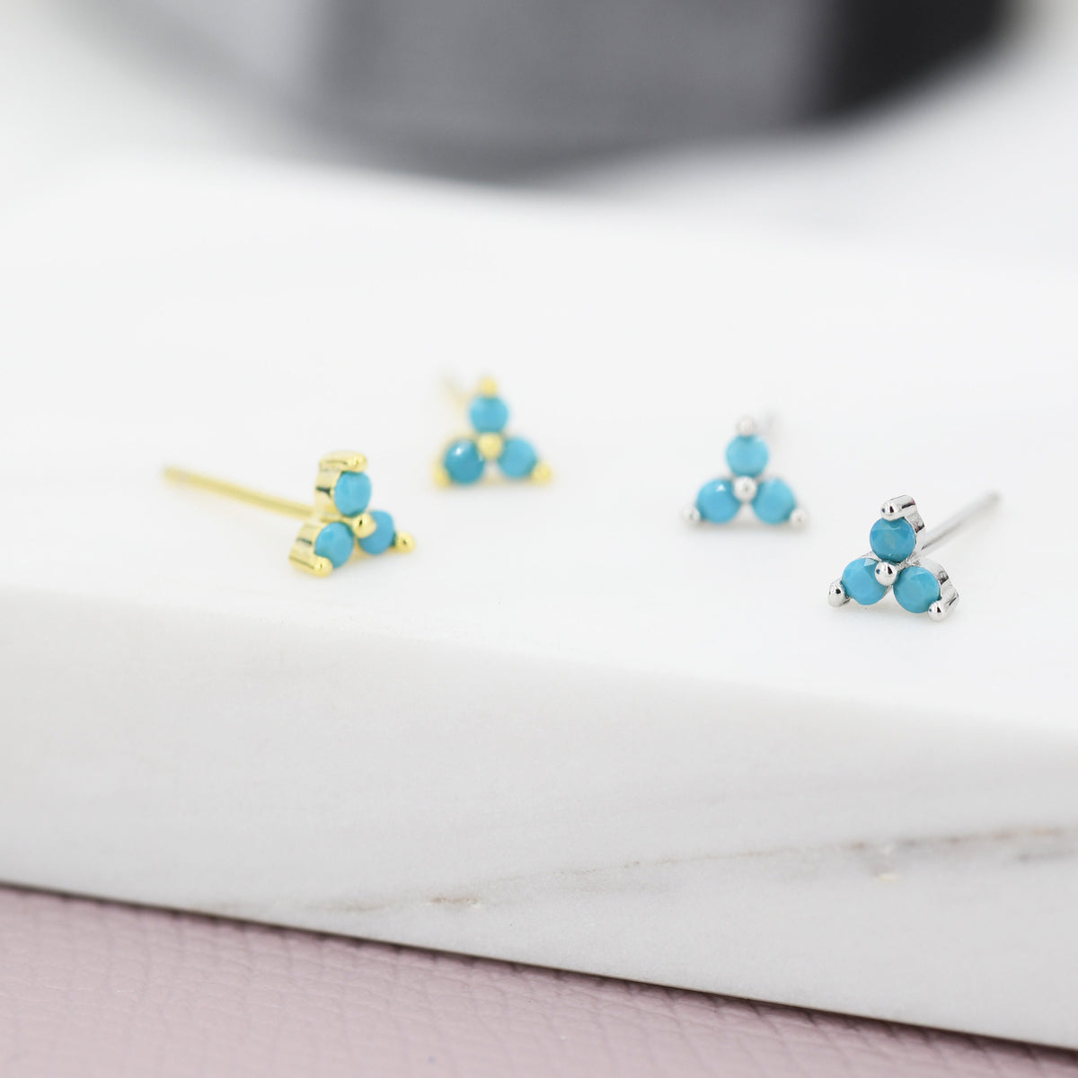 Turquoise Trinity Stud Earrings in Sterling Silver, Silver or Gold, Three Dot Stacking Earrings