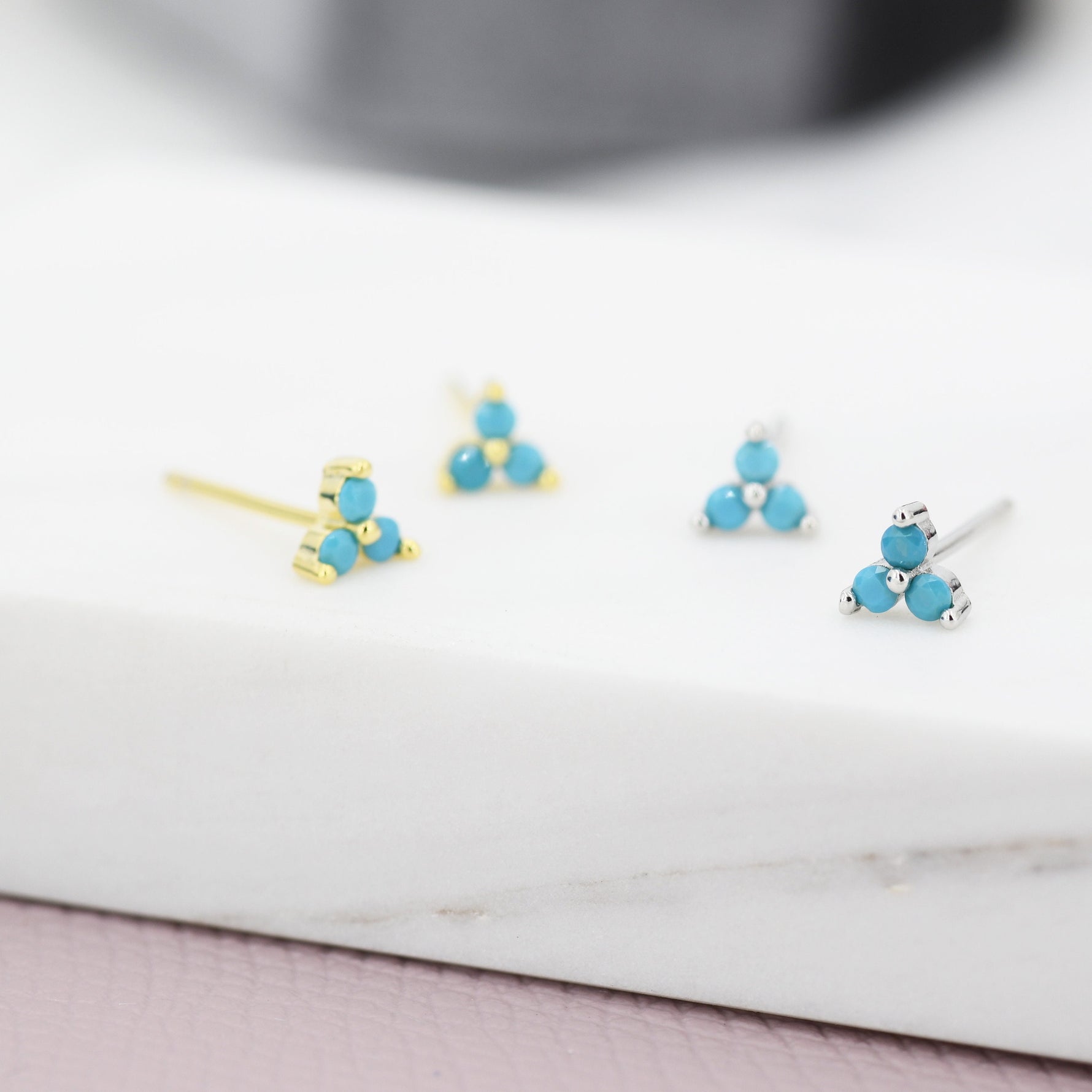 Turquoise Trinity Stud Earrings in Sterling Silver, Silver or Gold, Three Dot Stacking Earrings