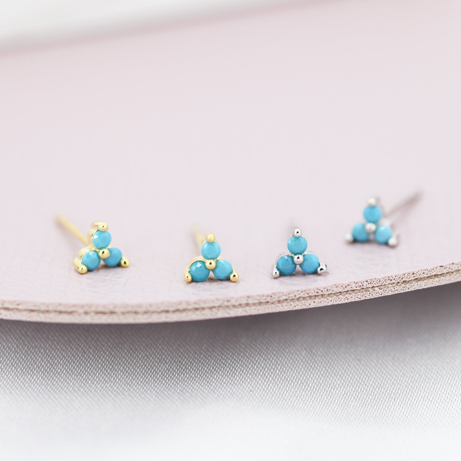 Turquoise Trinity Stud Earrings in Sterling Silver, Silver or Gold, Three Dot Stacking Earrings