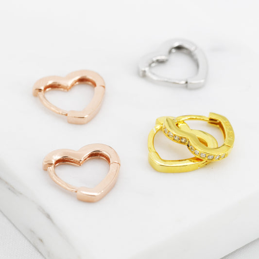 CZ Heart Huggie Hoop Earrings in Sterling Silver, Silver, Gold or Rose Gold with CZ Crystals, Minimalist Geometric Design