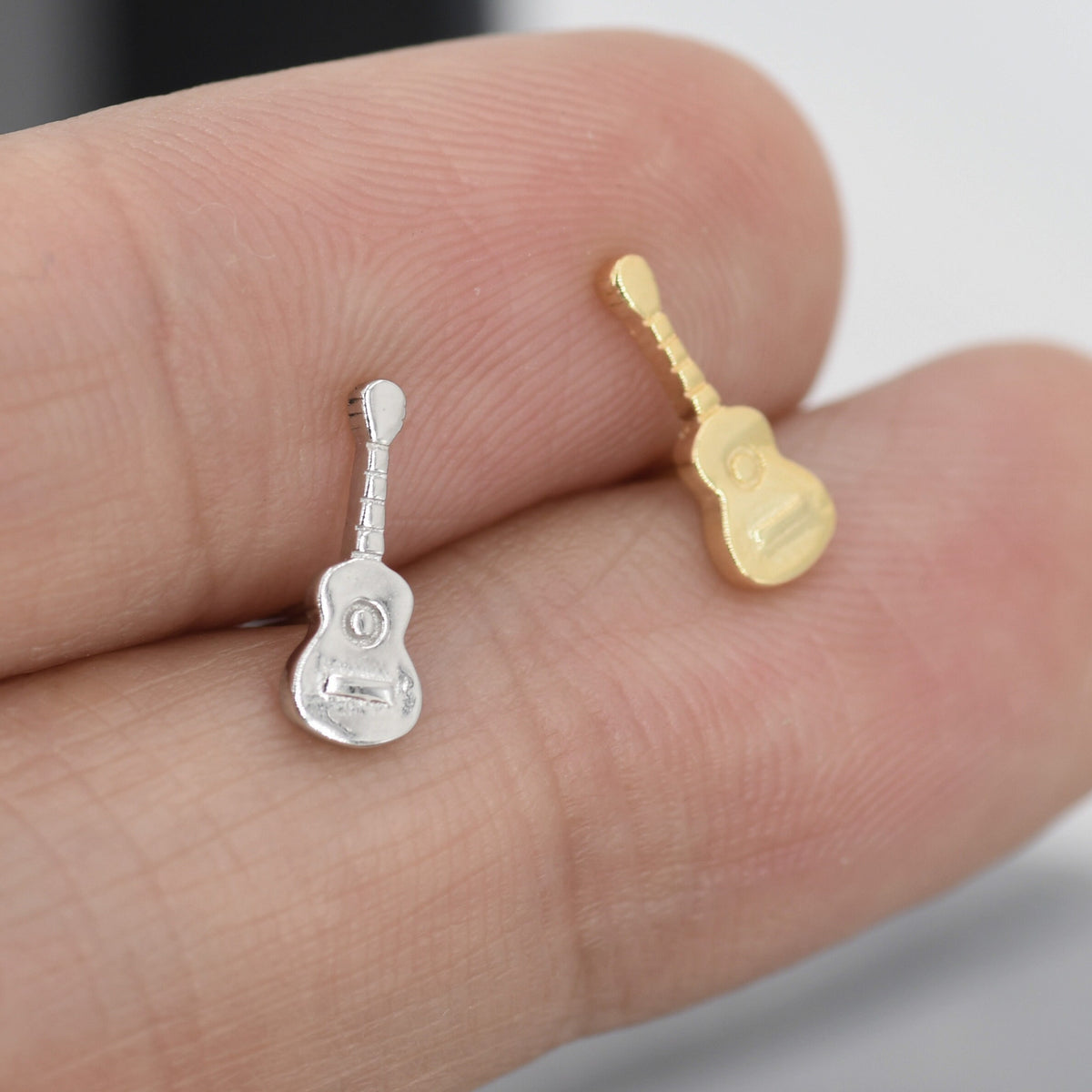 Tiny Acoustic Guitar Stud Earrings in Sterling Silver, Silver or Gold, Music Earrings