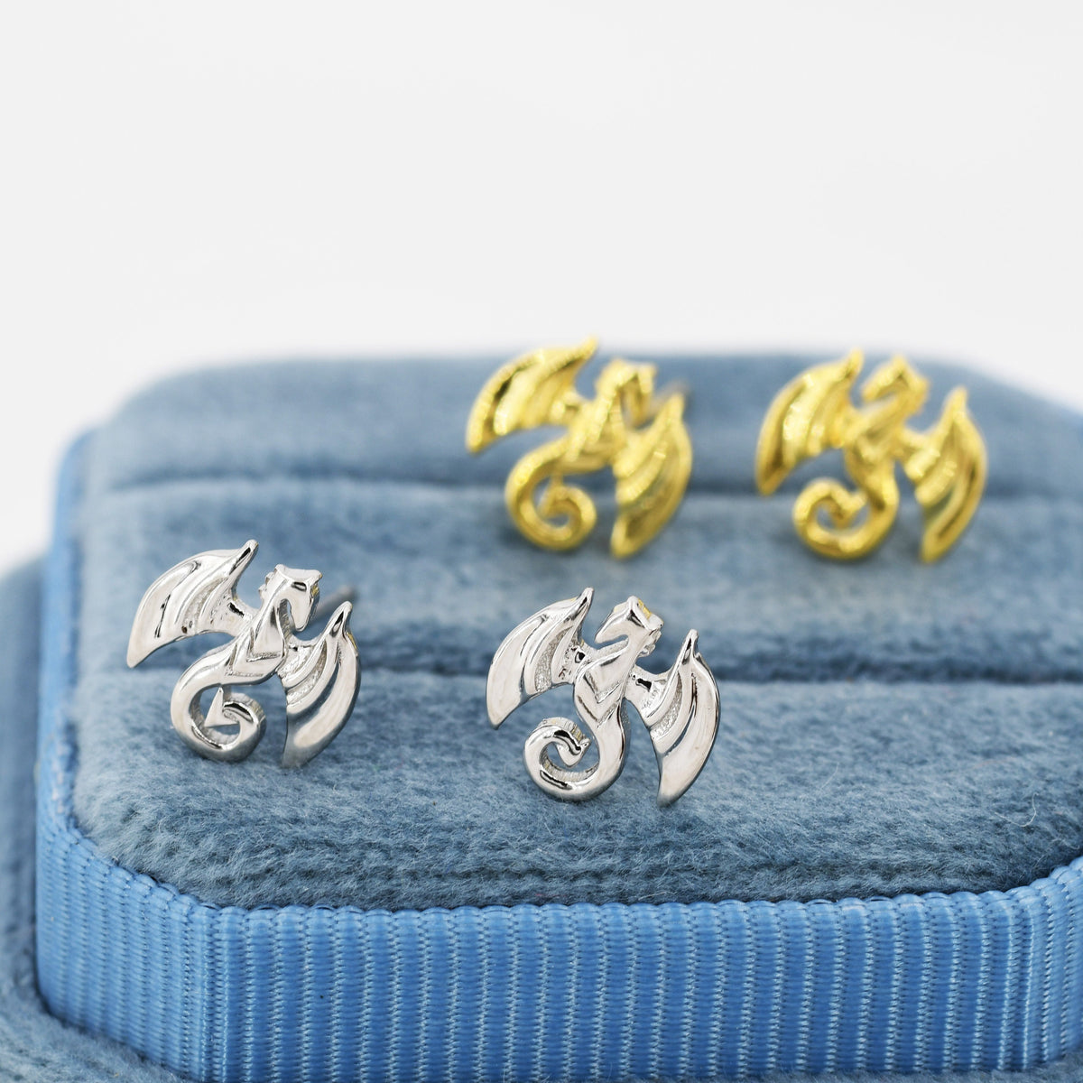Dragon Stud Earrings in Sterling Silver, Silver or Gold, Nature Inspired Animal Earrings