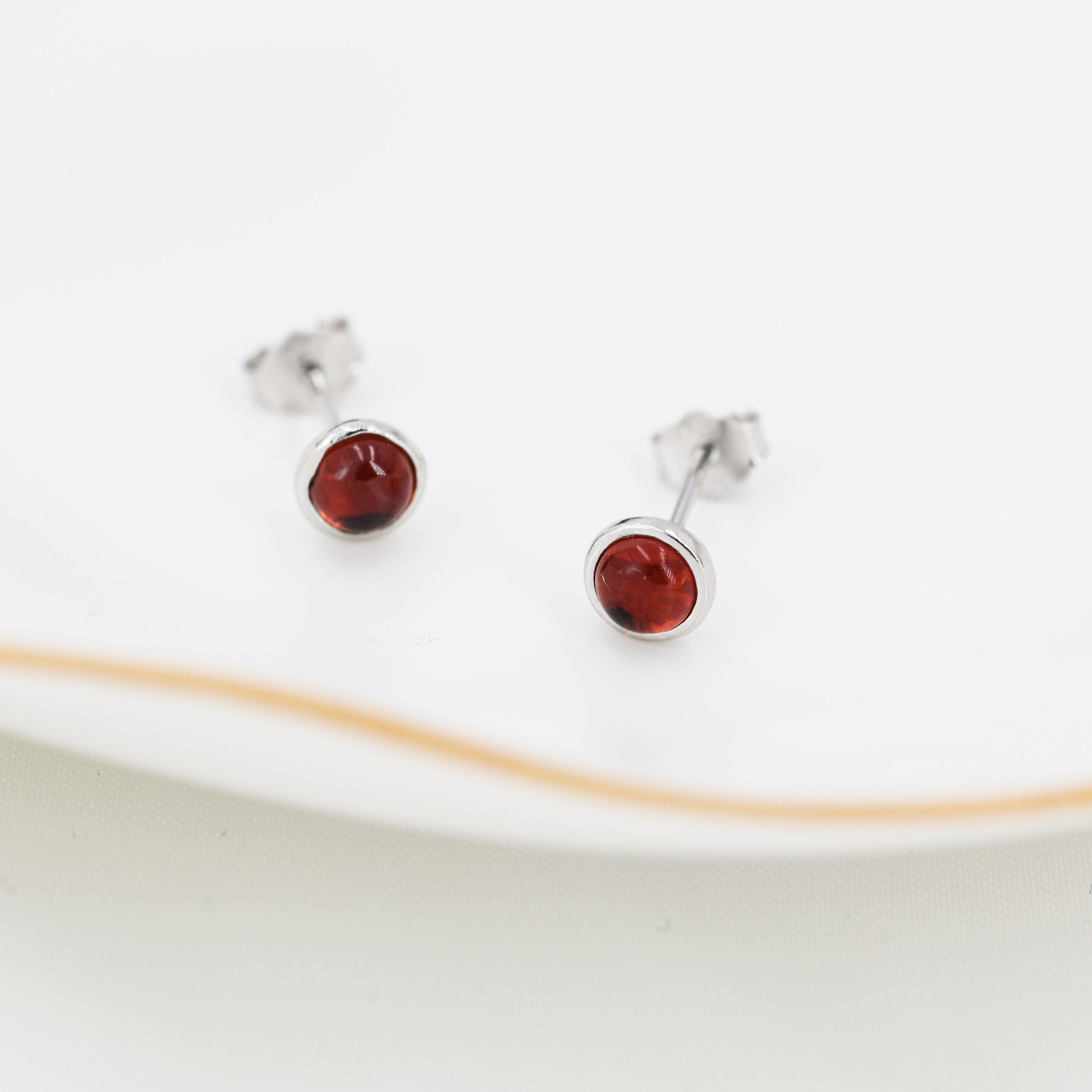 Natural Garnet Stud Earrings in Sterling Silver, Semi-Precious Gemstones, 4mm or 5mm Bezel, Genuine Garnet Earrings, January Birthstone