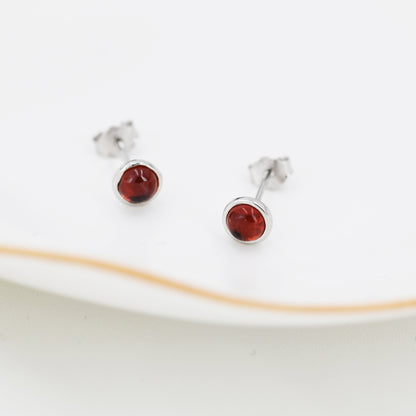 Natural Garnet Stud Earrings in Sterling Silver, Semi-Precious Gemstones, 4mm or 5mm Bezel, Genuine Garnet Earrings, January Birthstone