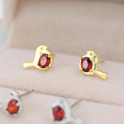 Robin Bird Stud Earrings in Sterling Silver, Silver or Gold, Ruby Red Crystal, Crystal Bird Earrings, Nature Inspired Animal Earrings