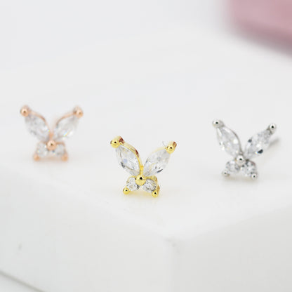 Sterling Silver CZ Butterfly Stud Earrings,  Gold or Silver or Rose Gold, Marquise CZ Earrings, Stacking Earrings