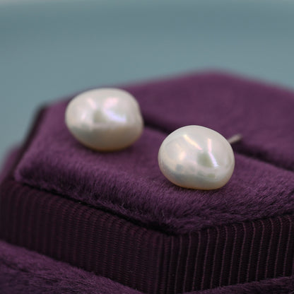 Keshi Pearls Stud Earrings in Sterling Silver, Baroque Pearl Earrings, Genuine Freshwater Pearls Earrings, Simple and Minimalist,