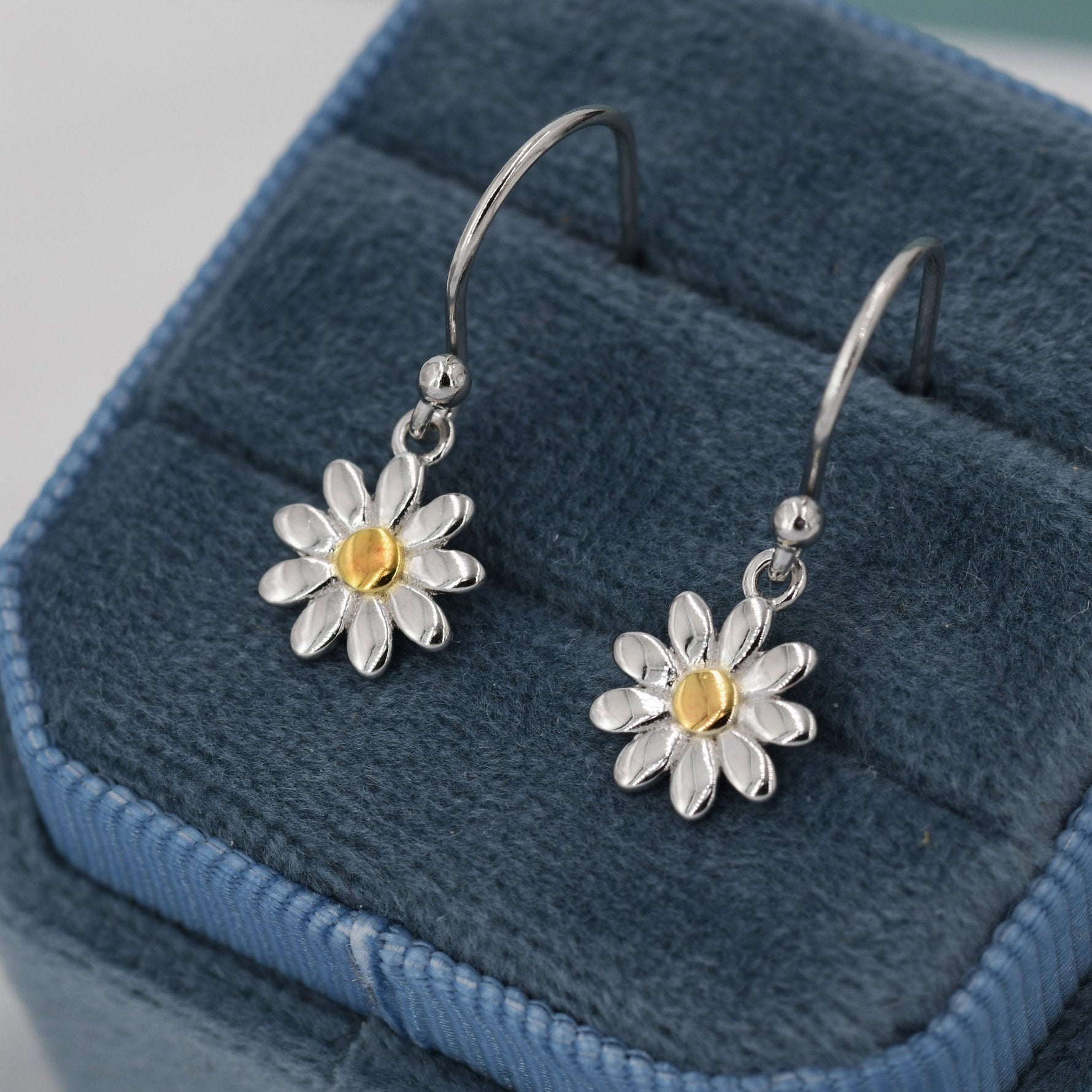 Little Daisy Flower Drop Hook Earrings in Sterling Silver - Cute Flower Blossom Earrings - Fun, Whimsical