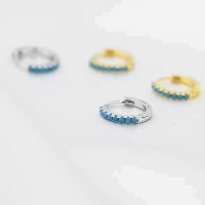 Turquoise Huggie Hoop in Sterling Silver, Silver or Gold, 8mm Inner Diameter Hoop Earrings, Turquoise Earrings