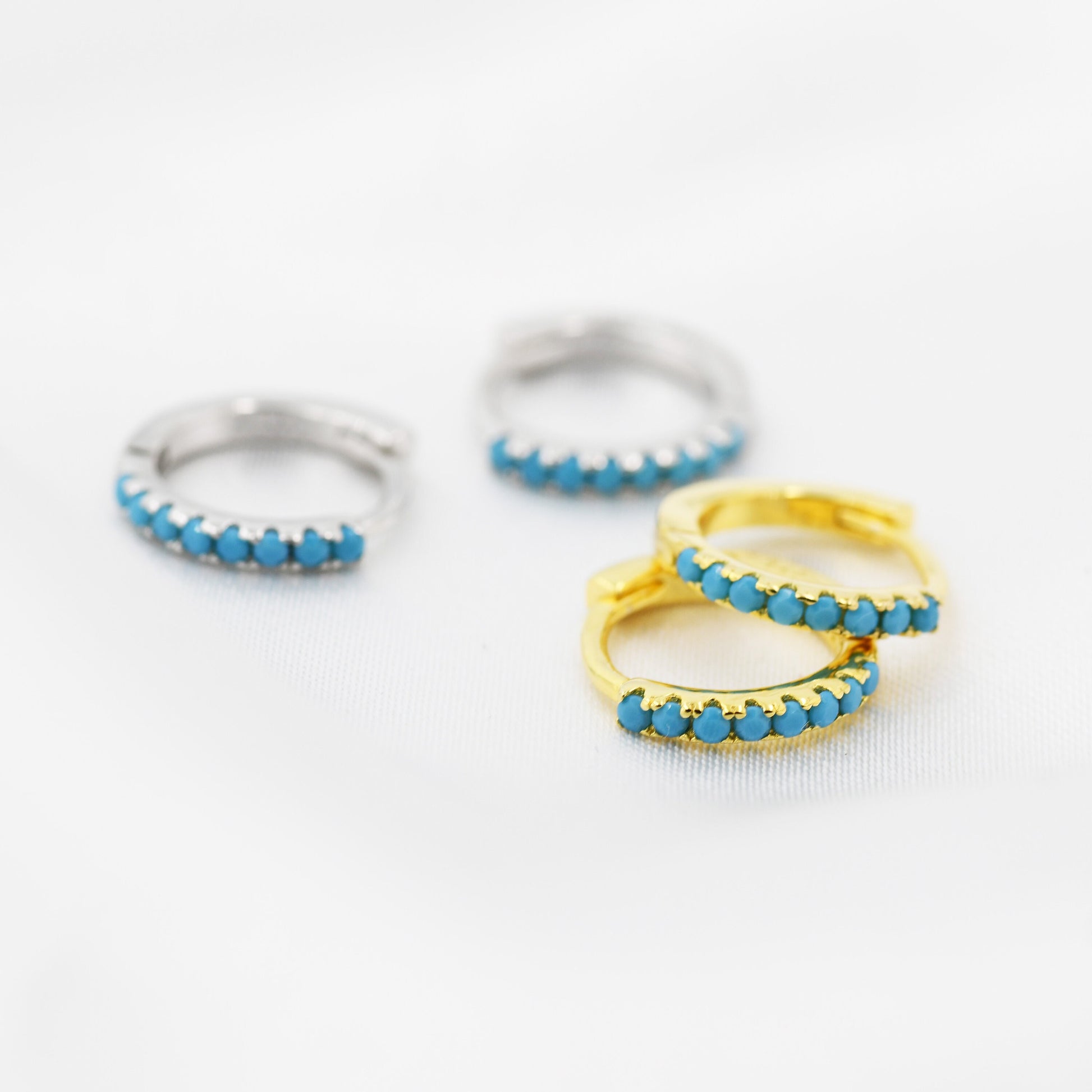 Turquoise Huggie Hoop in Sterling Silver, Silver or Gold, 8mm Inner Diameter Hoop Earrings, Turquoise Earrings