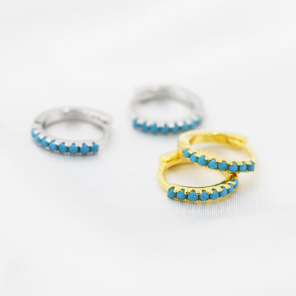 Turquoise Huggie Hoop in Sterling Silver, Silver or Gold, 8mm Inner Diameter Hoop Earrings, Turquoise Earrings