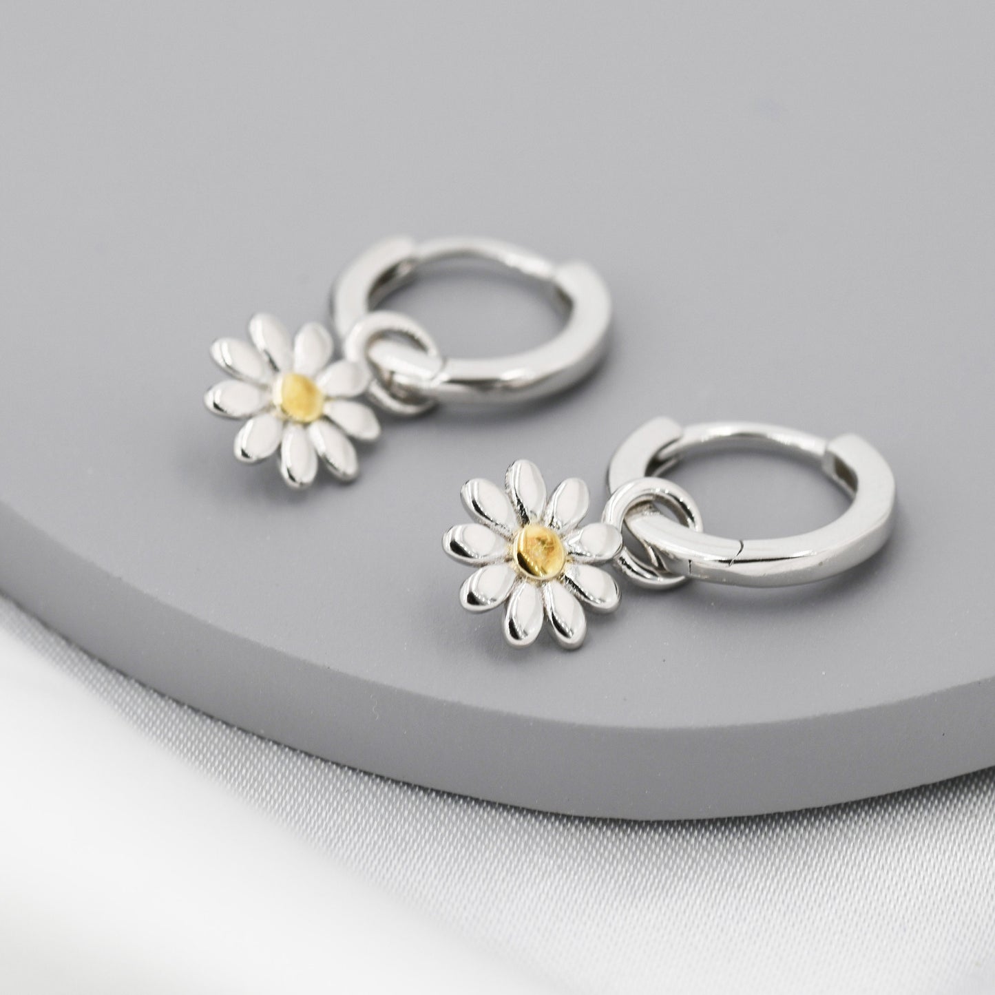 Little Daisy Flower Charmed Hoop Earrings in Sterling Silver - Cute Flower Blossom Huggie Hoop Earrings - Fun, Whimsical