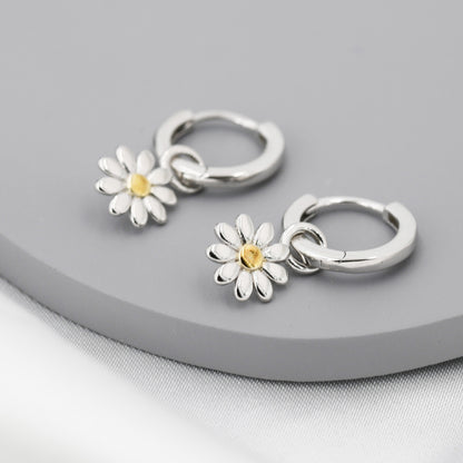 Little Daisy Flower Charmed Hoop Earrings in Sterling Silver - Cute Flower Blossom Huggie Hoop Earrings - Fun, Whimsical