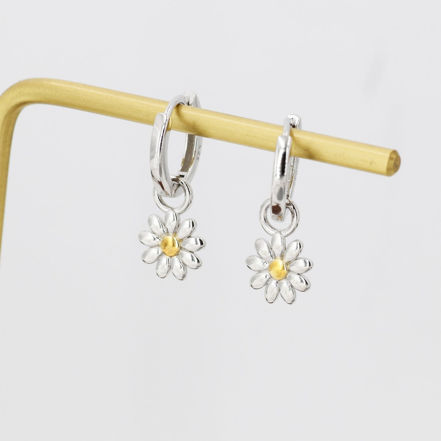 Little Daisy Flower Charmed Hoop Earrings in Sterling Silver - Cute Flower Blossom Huggie Hoop Earrings - Fun, Whimsical