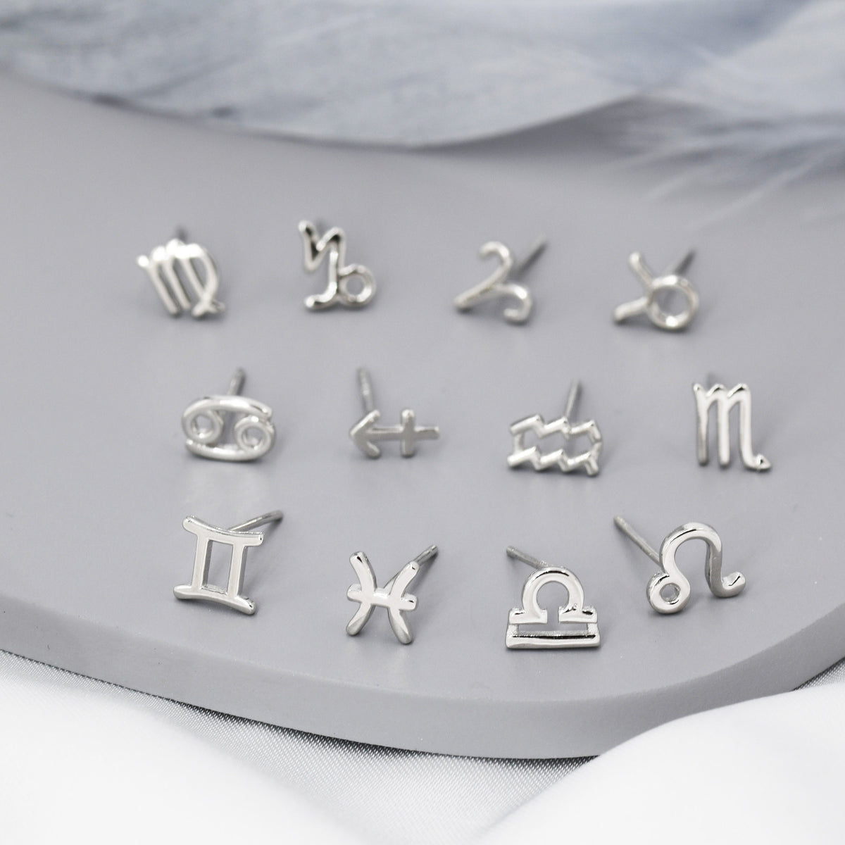 Pair of Zodiac Stud Earring in Sterling Silver, Silver or Gold, Horoscope Earrings