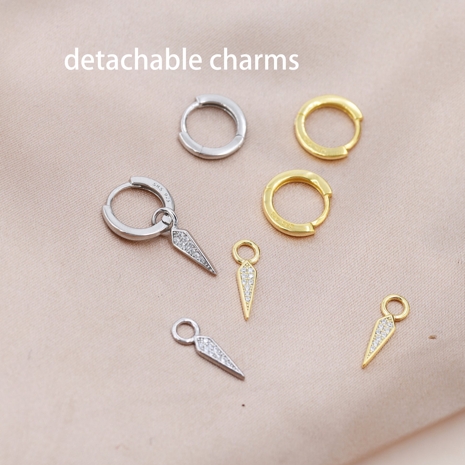 Sterling Silver Dangling Rhombus Spike Hoop Earrings, Detachable Kite Charm Dangle Hoop Earrings, Silver or Gold, Interchangeable Charms