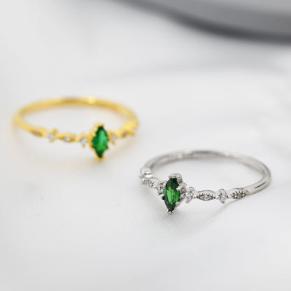 Vintage Inspired Emerald Green CZ Ring in Sterling Silver, Marquise Ring, Delicate Emerald Ring, Size US 5 - 8