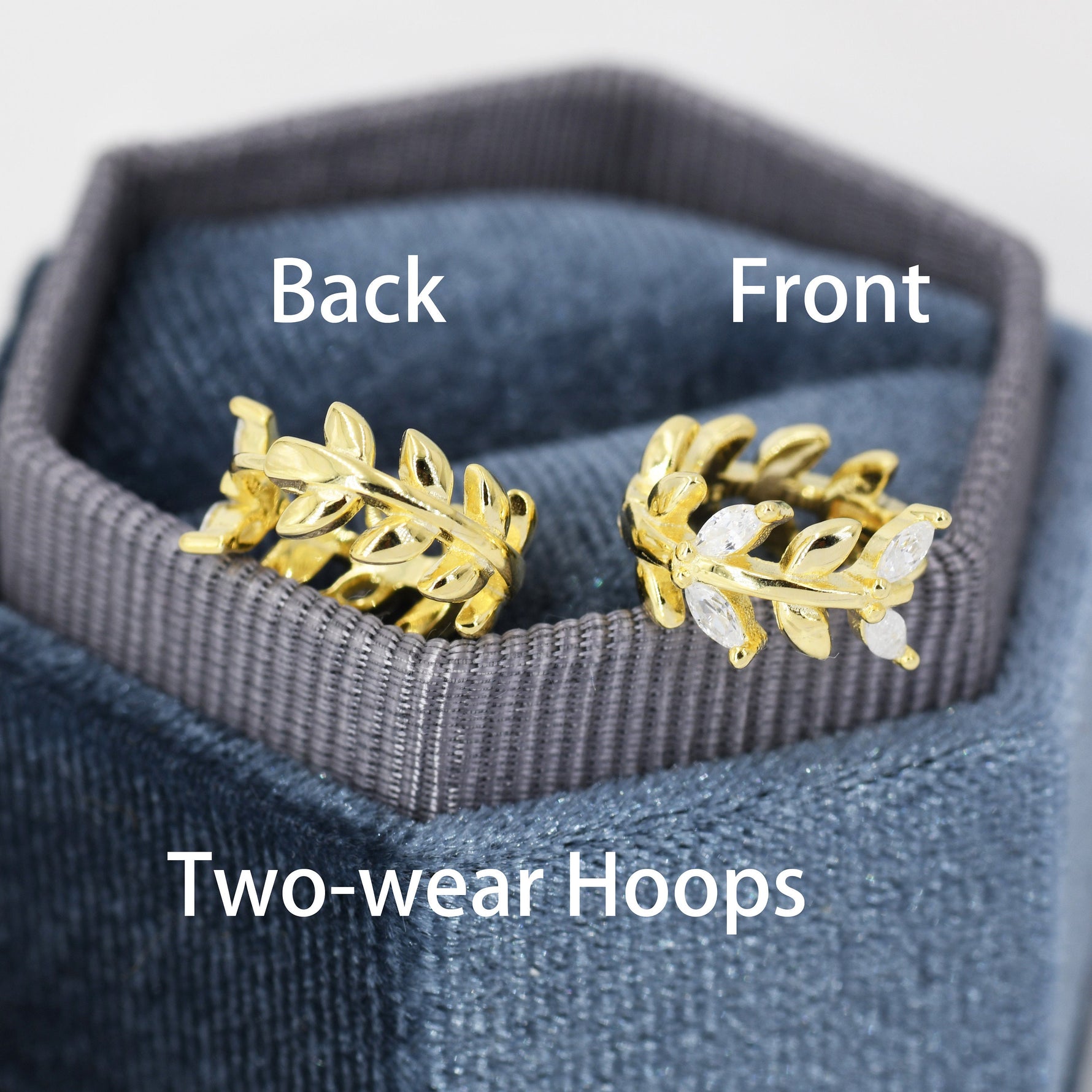 Olive Leaf Huggie Hoop in Sterling Silver, Two Way Huggies, Silver or Gold, 8mm Inner Diameter, Nature Inspired Earrings