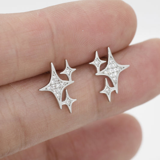 Sparkly Stars CZ Stud Earrings in Sterling Silver, Four Point Star Earrings, Silver or Gold, Three Star Earrings, Celestial Earrings