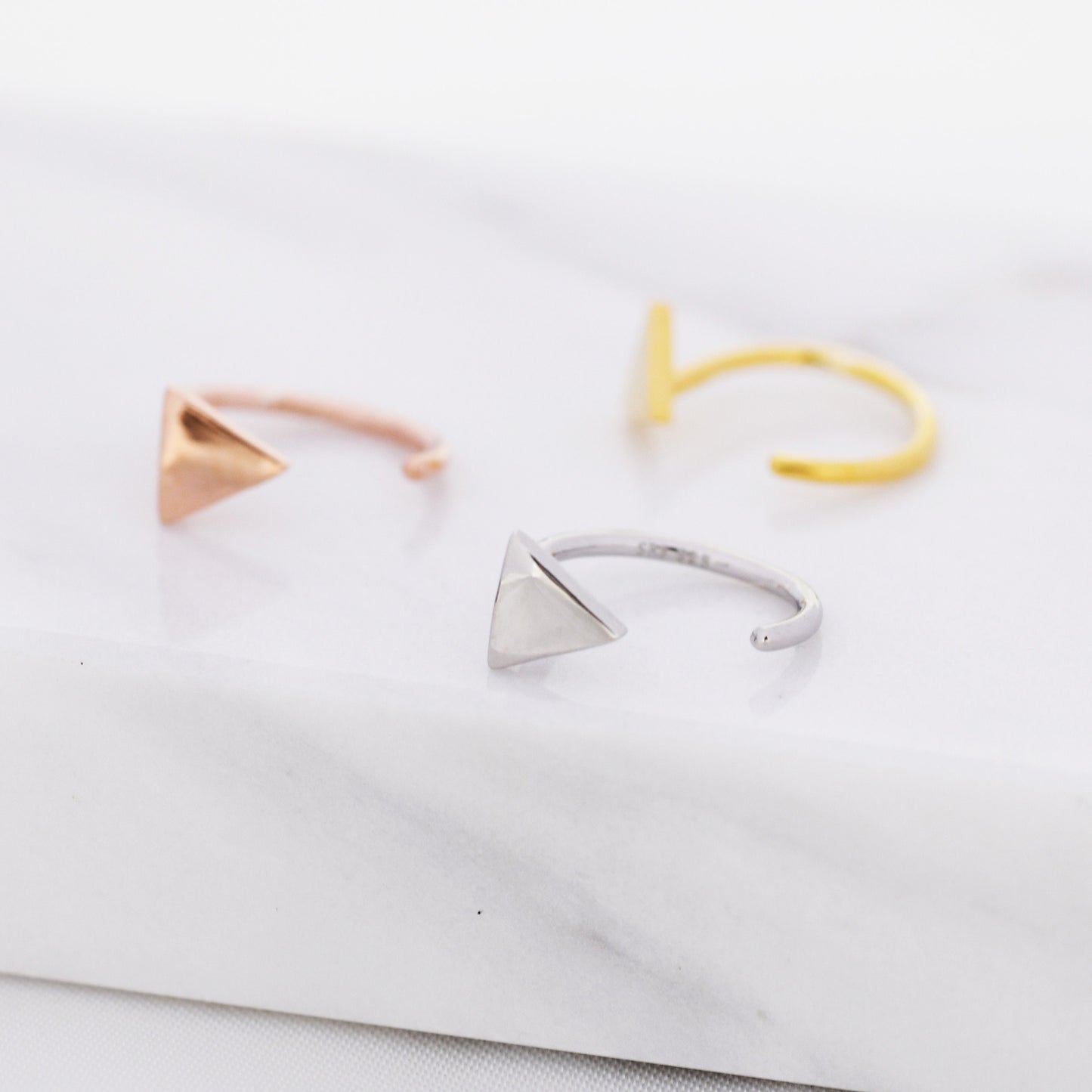 Tiny Triangle Huggie Hoop Earrings in Sterling Silver, Open Hoop Pull-Through Threader Earrings, Half Hoop Earrings, Silver, Gold, Rose Gold