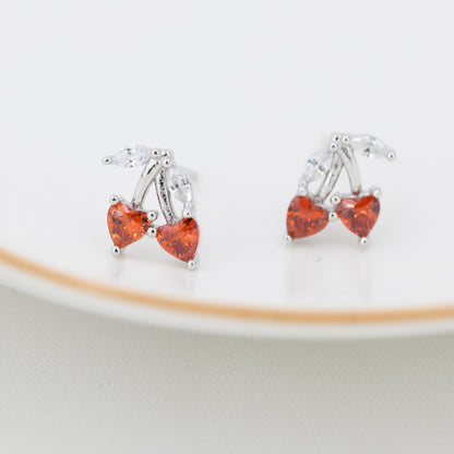 Cherry Stud Earrings in Sterling Silver, Ruby Red CZ,  Fruit Earrings, Fun and Quirky Earrings