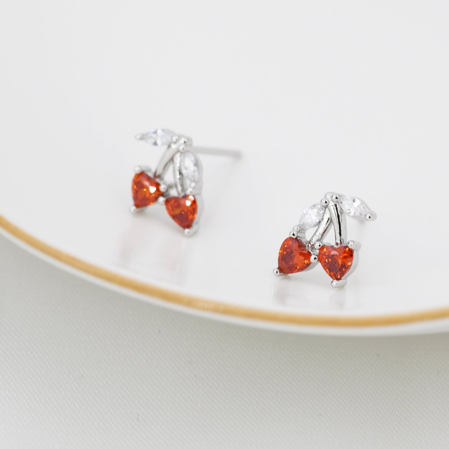 Cherry Stud Earrings in Sterling Silver, Ruby Red CZ,  Fruit Earrings, Fun and Quirky Earrings