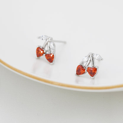 Cherry Stud Earrings in Sterling Silver, Ruby Red CZ,  Fruit Earrings, Fun and Quirky Earrings