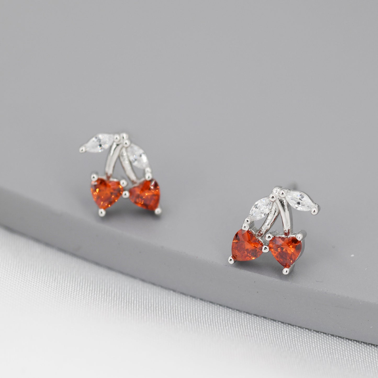 Cherry Stud Earrings in Sterling Silver, Ruby Red CZ,  Fruit Earrings, Fun and Quirky Earrings