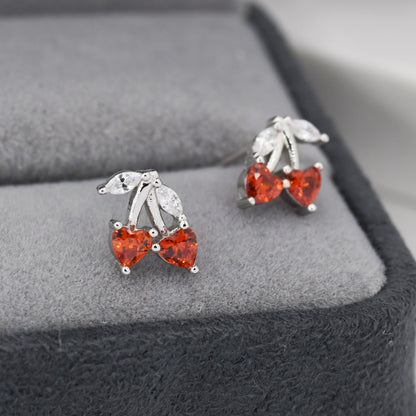 Cherry Stud Earrings in Sterling Silver, Ruby Red CZ,  Fruit Earrings, Fun and Quirky Earrings