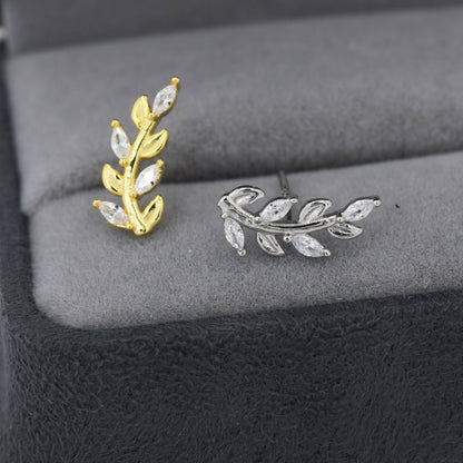 Sparkly Leaf CZ Stud Earrings in Sterling Silver, Silver or Gold, Bridal Jewellery, Bridesmaid&#39;s Earrings, Nature Inspired, Botanical