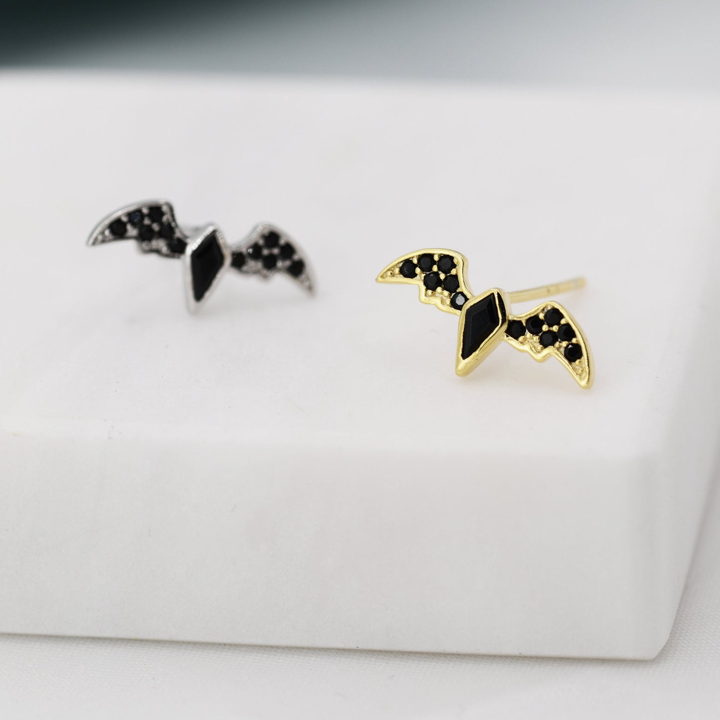 Black CZ Crystal Bat Stud Earrings in Sterling Silver, Silver or Gold, Rhombus Bat Earrings, Stacking Earrings, Animal Earrings