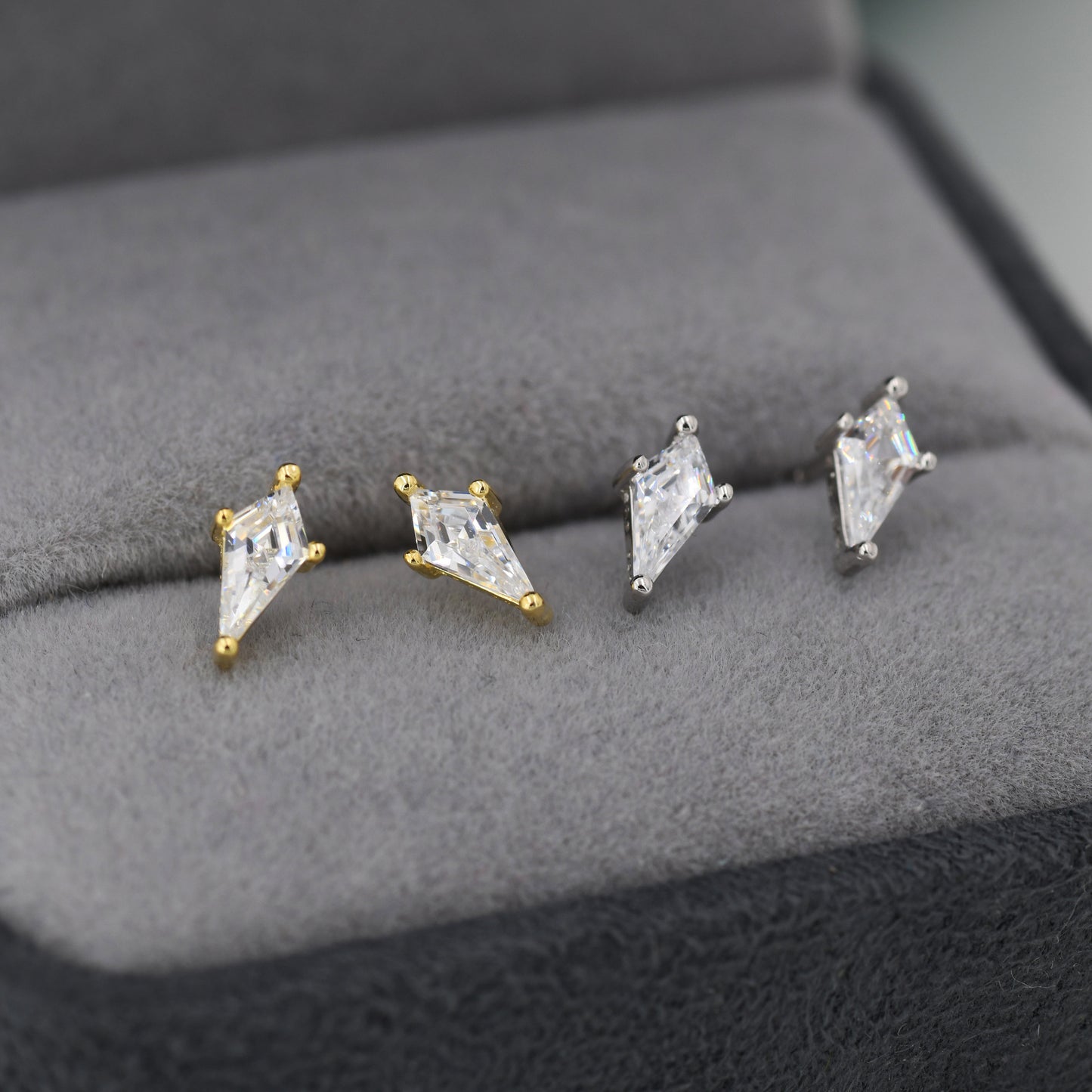 Extra Tiny Rhombus CZ Stud Earrings in Sterling Silver, Silver or Gold, Kite Shape Crystal Earrings, Geometric Minimalist Design