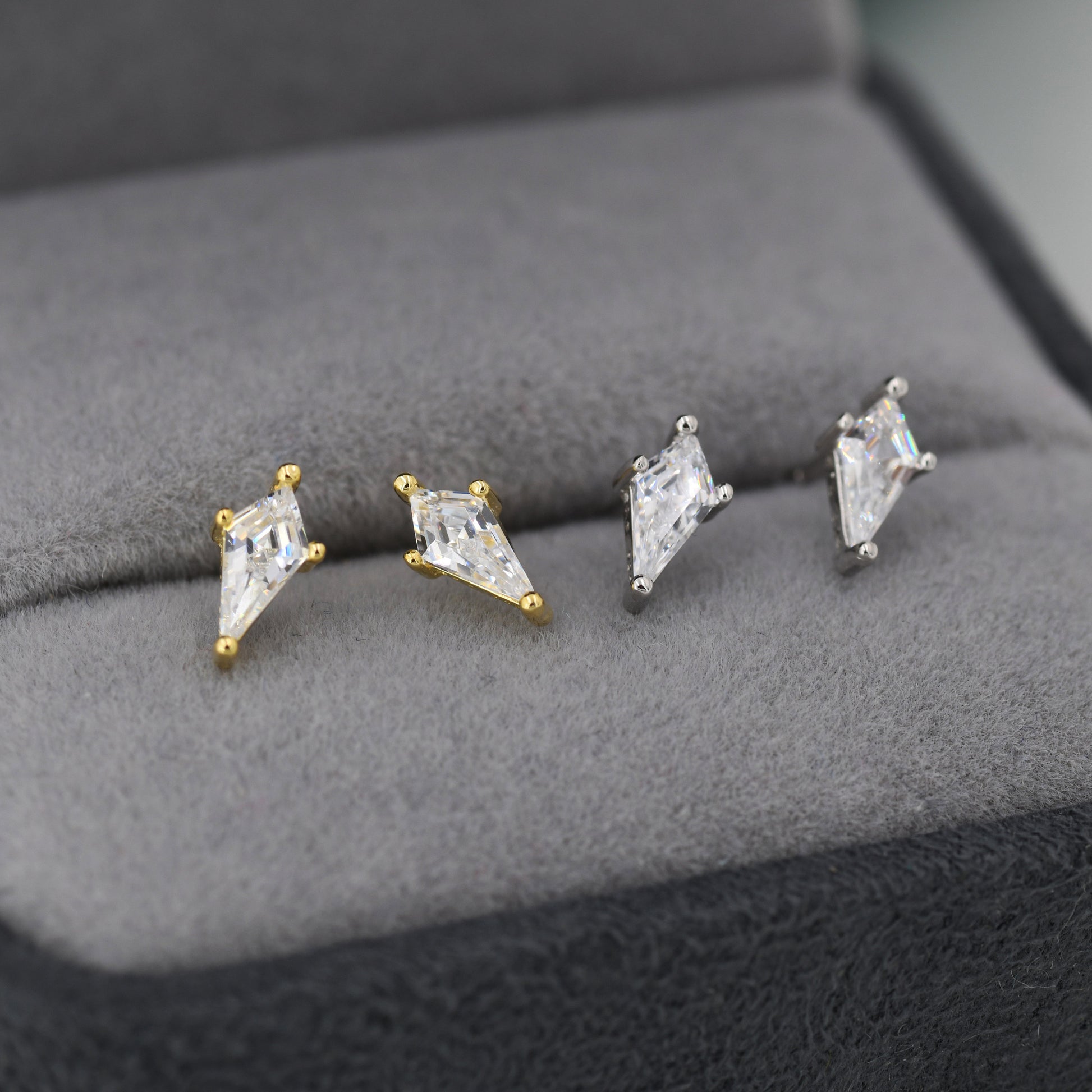 Extra Tiny Rhombus CZ Stud Earrings in Sterling Silver, Silver or Gold, Kite Shape Crystal Earrings, Geometric Minimalist Design