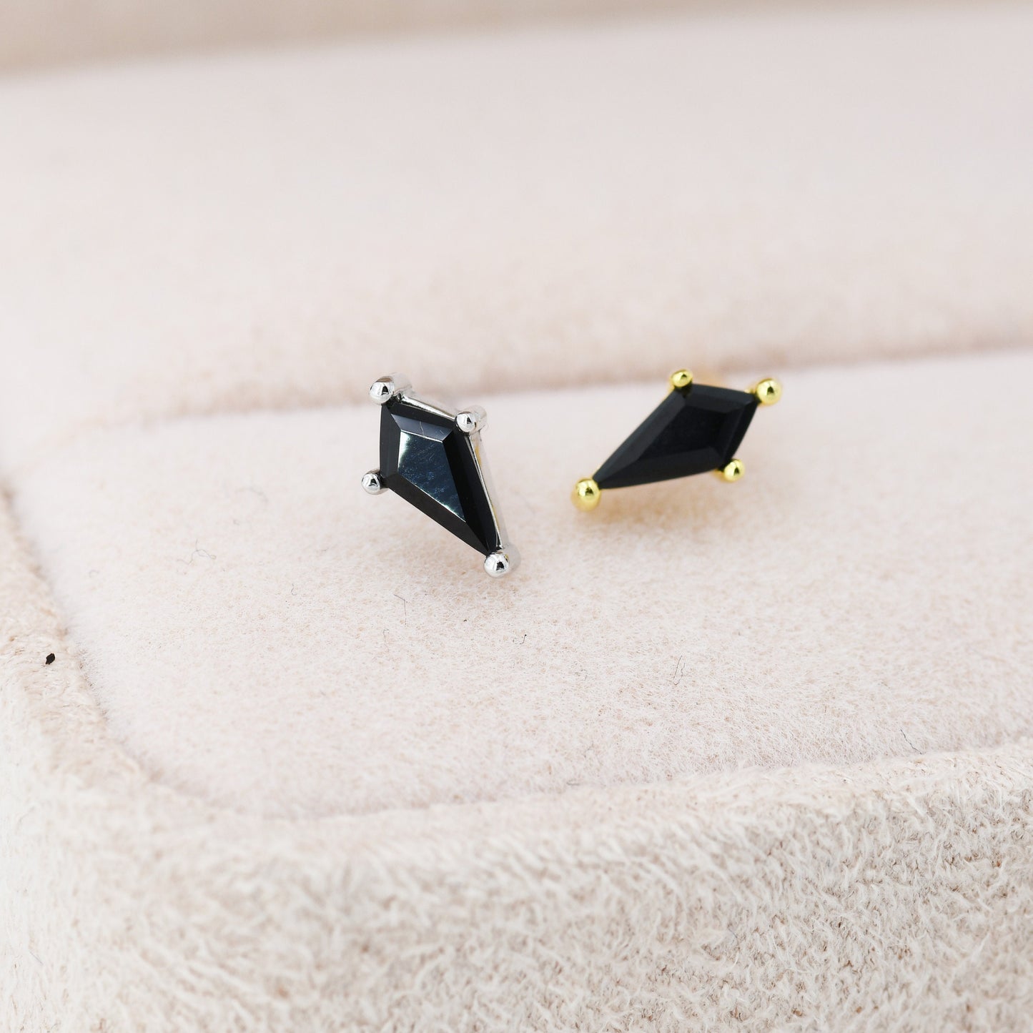 Extra Tiny Black CZ Rhombus Stud Earrings in Sterling Silver, Silver or Gold, Kite Shape Crystal Earrings, Stacking Earrings