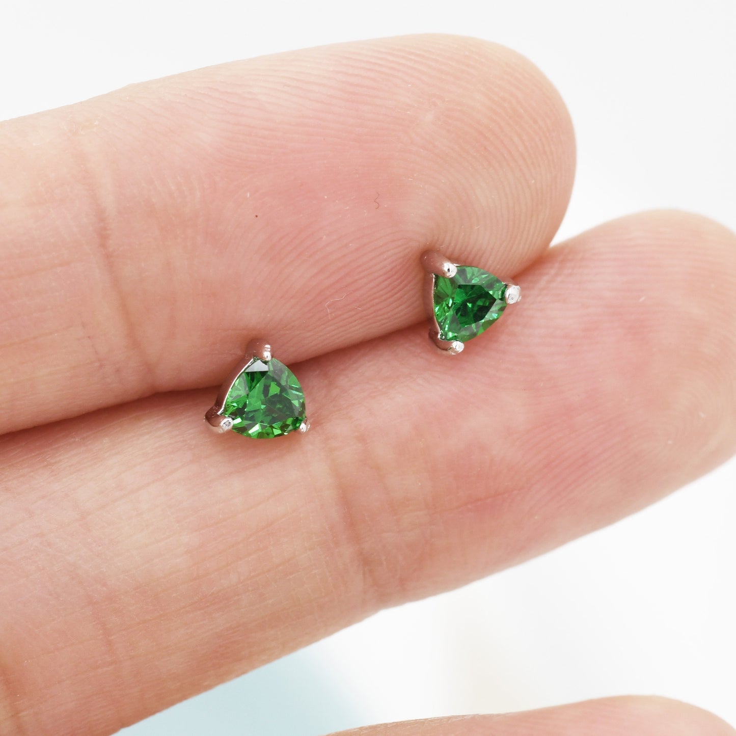 Trillion Cut Emerald Green CZ Stud Earrings in Sterling Silver, Silver or Gold, Cubic Zirconia Crystal Earrings