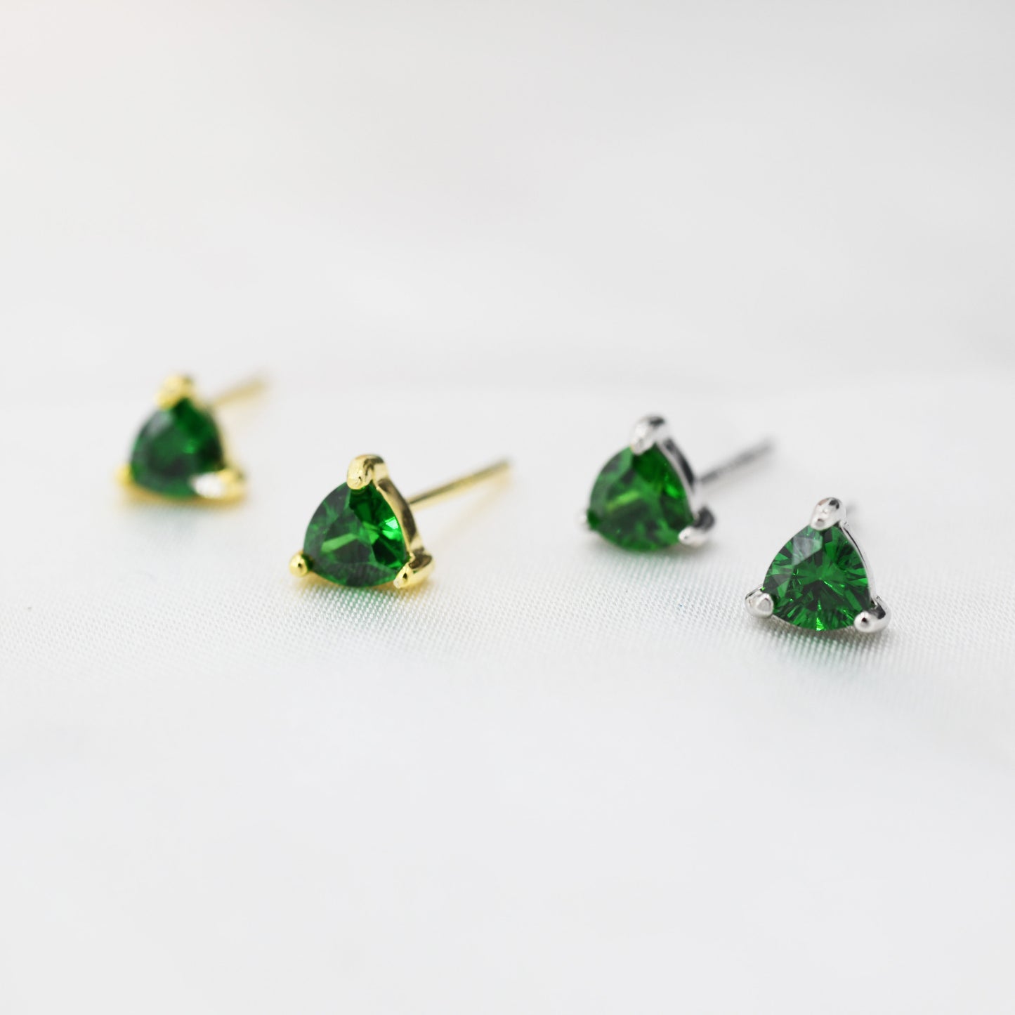 Trillion Cut Emerald Green CZ Stud Earrings in Sterling Silver, Silver or Gold, Cubic Zirconia Crystal Earrings