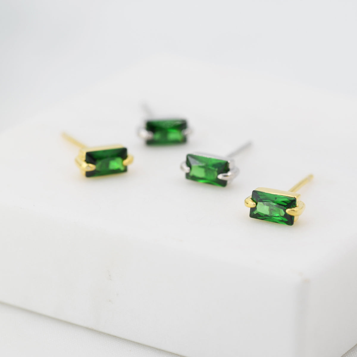 Tiny Baguette Cut Emerald Green CZ Stud Earrings in Sterling Silver, Silver or Gold, Cubic Zirconia Crystal Earrings