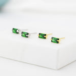 Tiny Baguette Cut Emerald Green CZ Stud Earrings in Sterling Silver, Silver or Gold, Cubic Zirconia Crystal Earrings