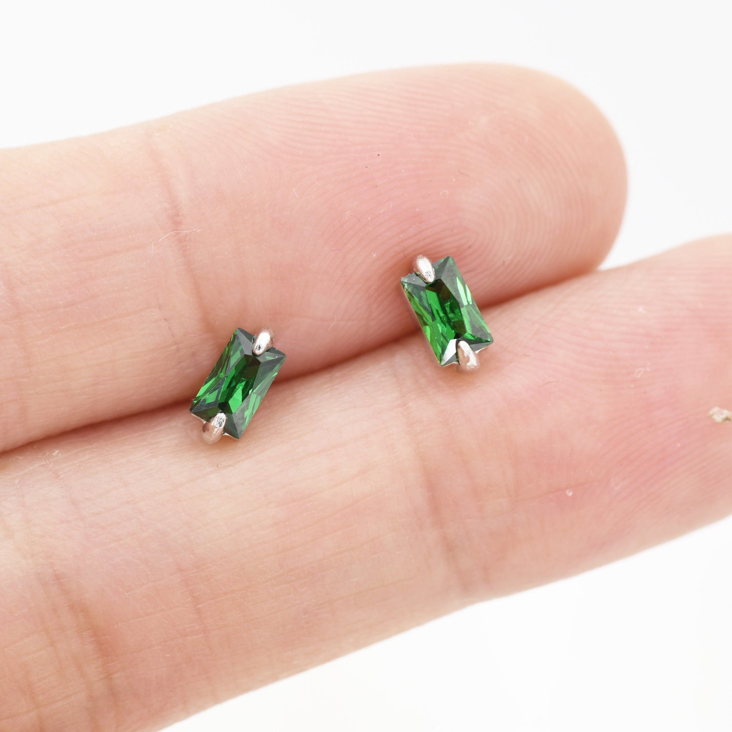 Tiny Baguette Cut Emerald Green CZ Stud Earrings in Sterling Silver, Silver or Gold, Cubic Zirconia Crystal Earrings