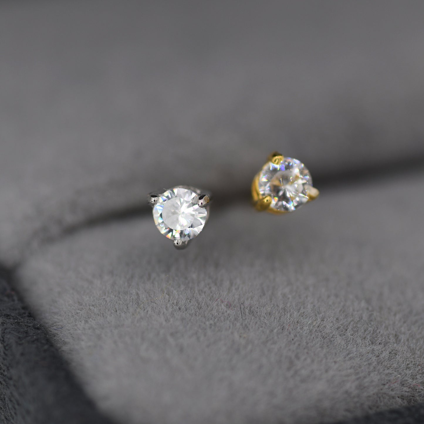 Sterling Silver Three Prong CZ Stud Earrings in Sterling Silver, Silver or Gold or Rose Gold, 3mm CZ, Diamond Stud