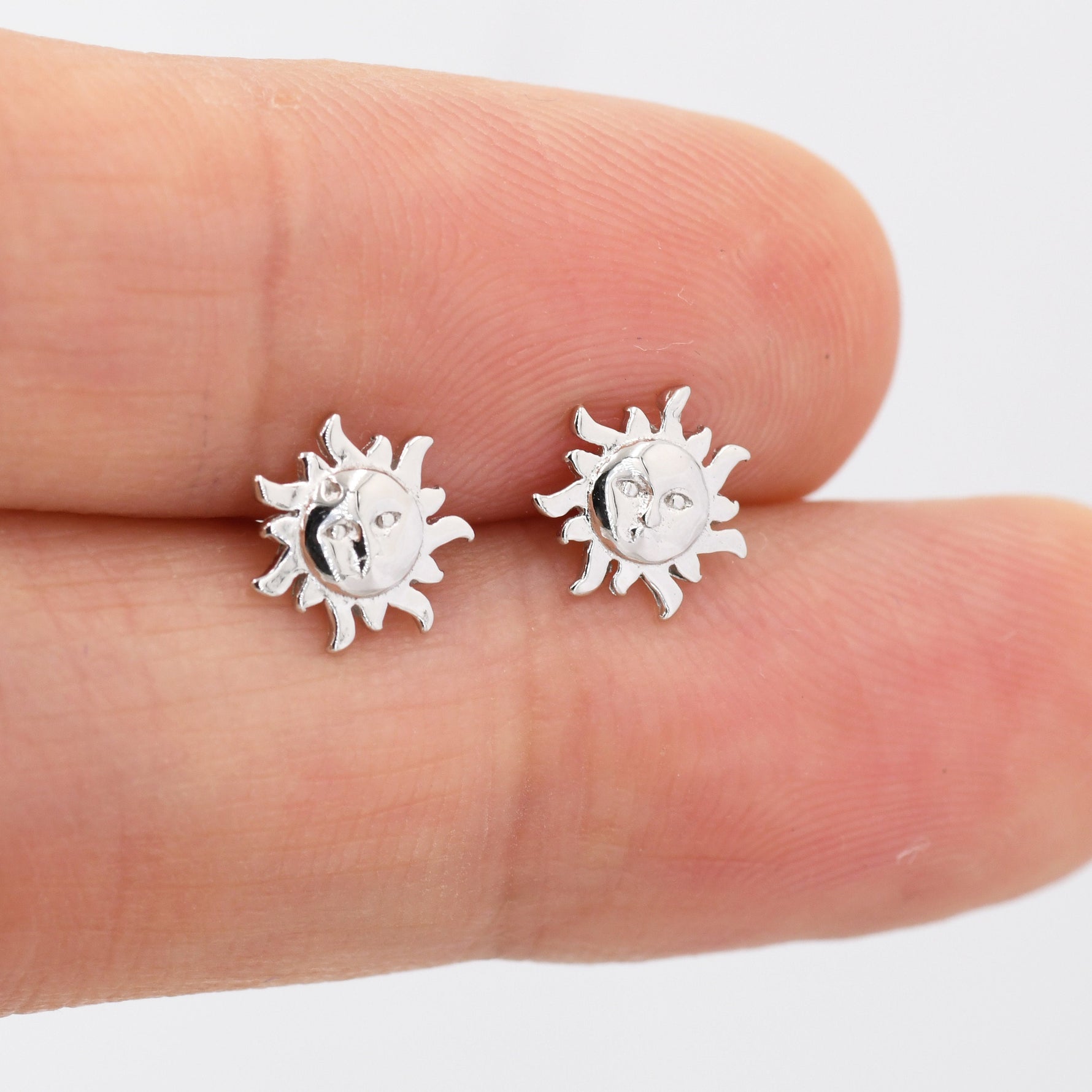 Tiny Sun Stud Earrings in Sterling Silver, Silver or Gold, Sun Face Earrings, Quirky Whimsical Earrings