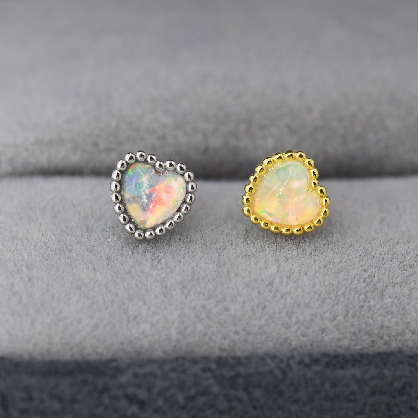 Sterling Silver Opal Heart Stud Earrings, Silver or Gold, Stacking Earrings, Opal Earrings, Granulated, Dotted Bobble Beaded Heart